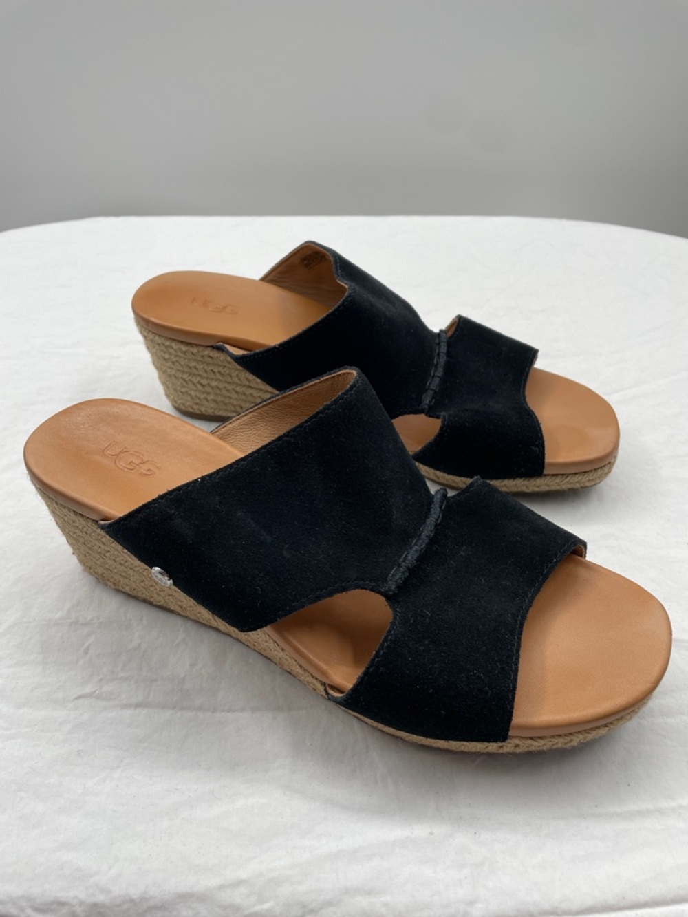 LIKE NEW! UGG Eirene Black Suede Espadrille Wedge Slide Sandals. 9. - Picture 2 of 10